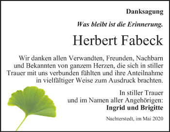 Traueranzeige von Herbert Fabeck von Super Sonntag Aschersleben