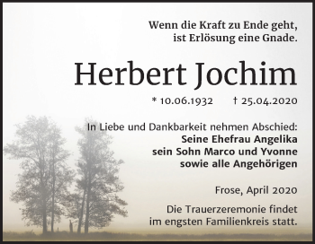 Traueranzeige von Herbert Jochim von Super Sonntag Aschersleben