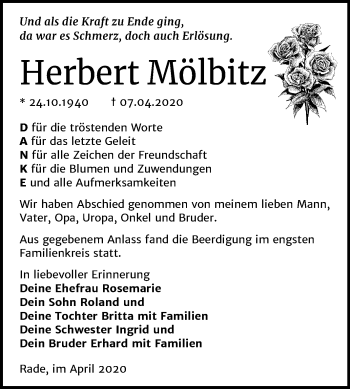 Traueranzeige von Herbert Mölbitz von Mitteldeutsche Zeitung Wittenberg