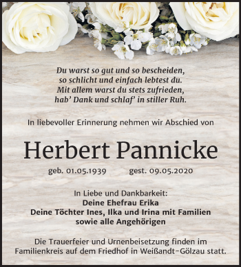 Traueranzeige von Herbert Pannicke von Super Sonntag Köthen