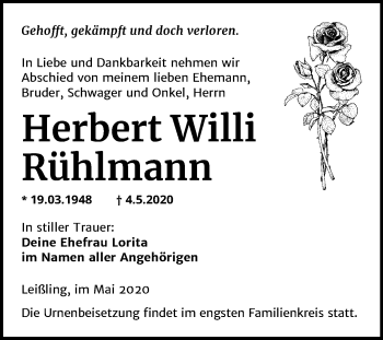 Traueranzeige von Herbert Willi Rühlmann von Wochenspiegel Weißenfels