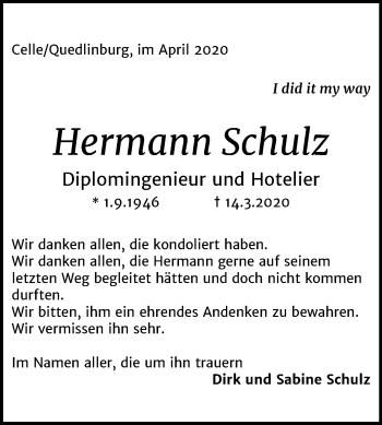 Traueranzeige von Hermann Schulz von Super Sonntag Quedlinburg