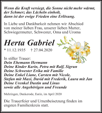Traueranzeige von Herta Gabriel von Super Sonntag Aschersleben