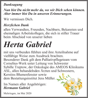 Traueranzeige von Herta Gabriel von Super Sonntag Aschersleben