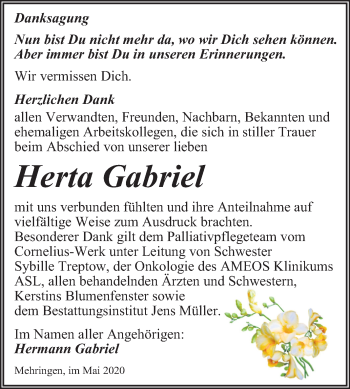 Traueranzeige von Herta Gabriel von Mitteldeutsche Zeitung Aschersleben