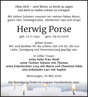 Traueranzeige von Herwig Porse von Wochenspiegel Naumburg/Nebra