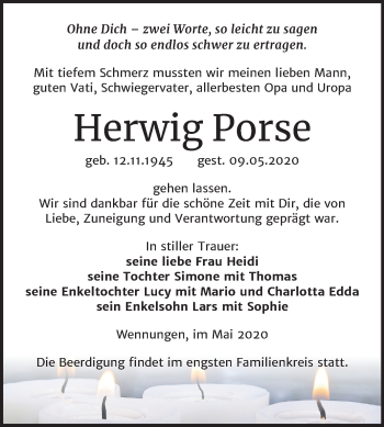 Traueranzeige von Herwig Porse von Mitteldeutsche Zeitung Naumburg/Nebra