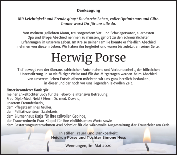 Traueranzeige von Herwig Porse von Mitteldeutsche Zeitung Naumburg/Nebra