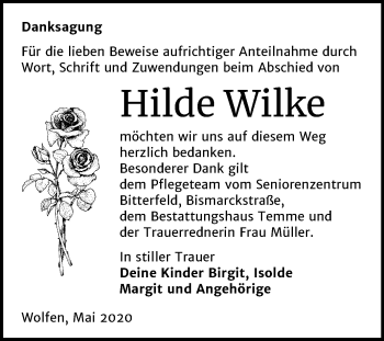 Traueranzeige von Hilde Wilke von Wochenspiegel Bitterfeld