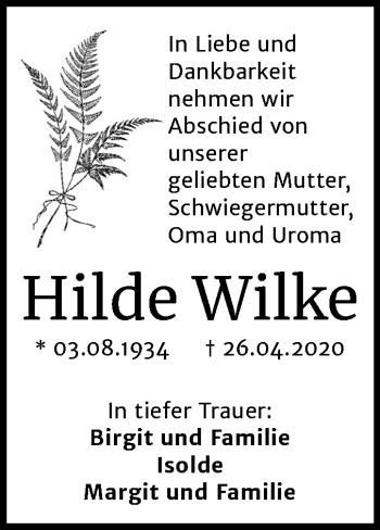 Traueranzeige von Hilde Wilke von Mitteldeutsche Zeitung Bitterfeld