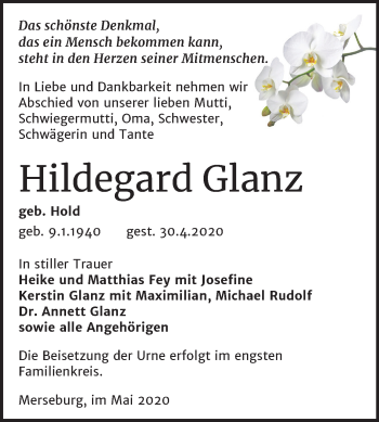 Traueranzeige von Hildegard Glanz von Mitteldeutsche Zeitung Merseburg/Querfurt