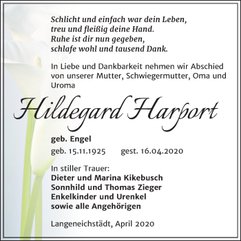 Traueranzeige von Hildegard Harport von Super Sonntag Merseburg/Querfurt