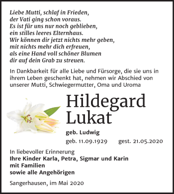 Traueranzeige von Hildegard Lukat von Mitteldeutsche Zeitung Sangerhausen