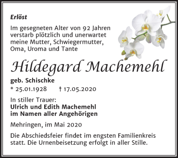 Traueranzeige von Hildegard Machemehl von Mitteldeutsche Zeitung Aschersleben