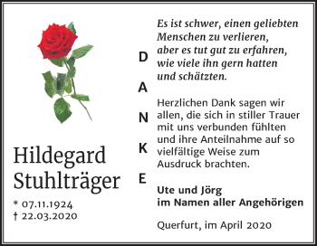 Traueranzeige von Hildegard Stuhlträger von Super Sonntag Merseburg/Querfurt