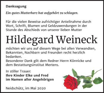 Traueranzeige von Hildegard Weineck von Mitteldeutsche Zeitung Naumburg/Nebra