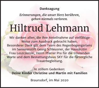 Traueranzeige von Hiltrud Lehmann von Super Sonntag Wittenberg