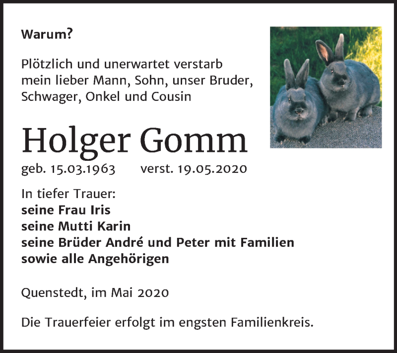 Traueranzeige für Holger Gomm vom 23.05.2020 aus Mitteldeutsche Zeitung Aschersleben / Mansfelder Land