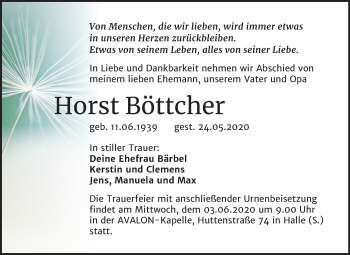 Traueranzeige von Horst Böttcher von Mitteldeutsche Zeitung Halle/Saalkreis