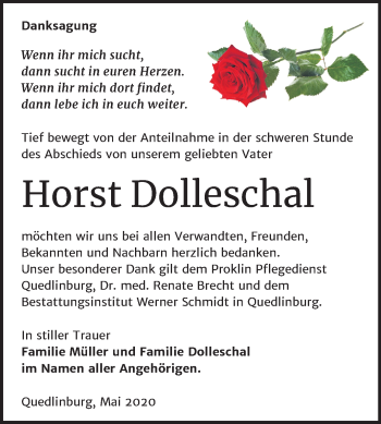 Traueranzeige von Horst Dolleschal von Super Sonntag Quedlinburg