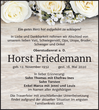 Traueranzeige von Horst Friedemann von Mitteldeutsche Zeitung Halle/Saalkreis