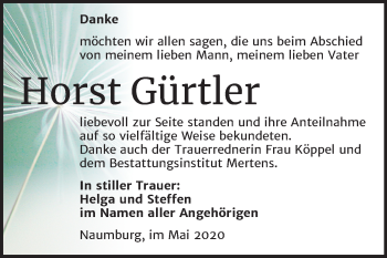 Traueranzeige von Horst Gürtler von Mitteldeutsche Zeitung Naumburg/Nebra