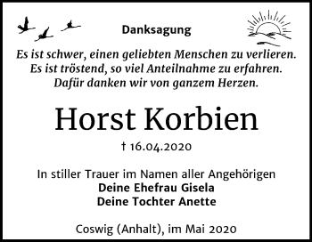 Traueranzeige von Horst Korbien von Mitteldeutsche Zeitung Wittenberg