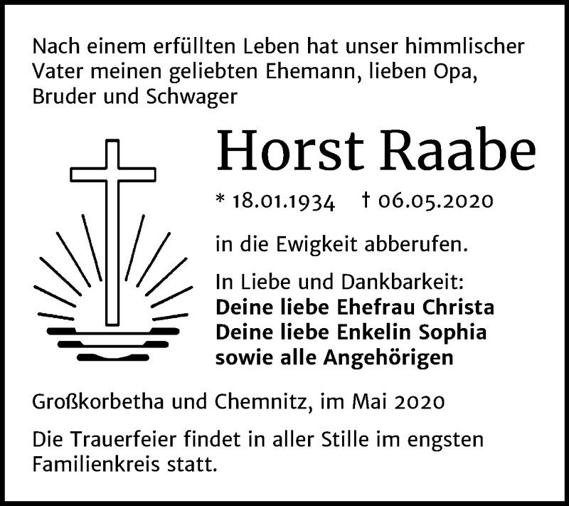  Traueranzeige für Horst Raabe vom 13.05.2020 aus Mitteldeutsche Zeitung Merseburg/Querfurt / Weißenfels