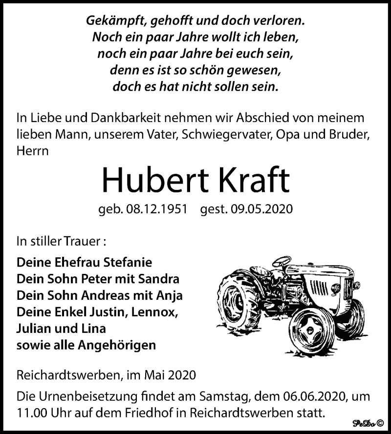  Traueranzeige für Hubert Kraft vom 16.05.2020 aus Mitteldeutsche Zeitung Weißenfels