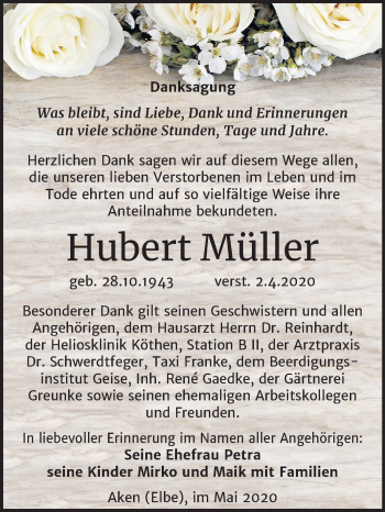 Traueranzeige von Hubert Müller von Super Sonntag Köthen
