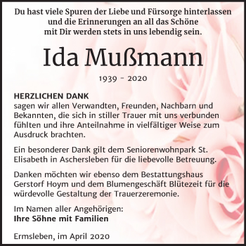 Traueranzeige von Ida Mußmann von Super Sonntag Quedlinburg