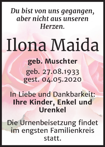 Traueranzeige von Ilona Maida von Mitteldeutsche Zeitung Halle/Saalkreis