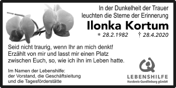 Traueranzeige von Ilonka Kortum von Wochenspiegel Quedlinburg