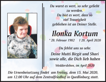 Traueranzeige von Ilonka Kortum von Super Sonntag Quedlinburg