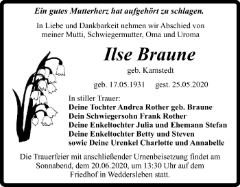 Traueranzeige von Ilse Braune von Super Sonntag Quedlinburg