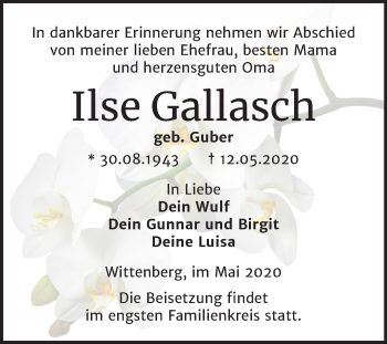 Traueranzeige von Ilse Gallasch von Mitteldeutsche Zeitung Wittenberg