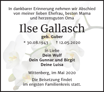 Traueranzeige von Ilse Gallasch von Super Sonntag Wittenberg