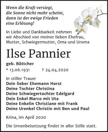 Traueranzeige von Ilse Pannier von Mitteldeutsche Zeitung Bitterfeld