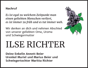 Traueranzeige von Ilse Richter von Mitteldeutsche Zeitung Merseburg/Querfurt