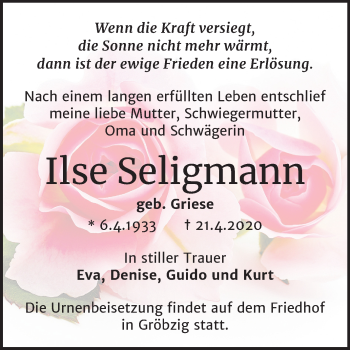 Traueranzeige von Ilse Seligmann von Mitteldeutsche Zeitung Köthen
