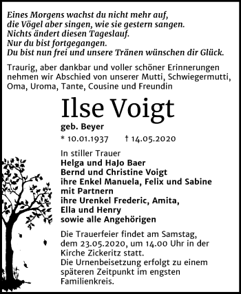 Traueranzeige von Ilse Voigt von Mitteldeutsche Zeitung Bernburg