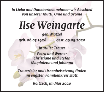 Traueranzeige von Ilse Weingarte von Mitteldeutsche Zeitung Bitterfeld