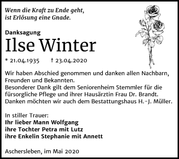 Traueranzeige von Ilse Winter von Super Sonntag Aschersleben