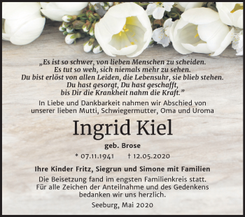 Traueranzeige von IngIngrid Kiel von Super Sonntag Mansfelder Land