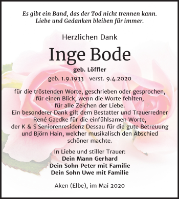 Traueranzeige von Inge Bode von Super Sonntag Köthen