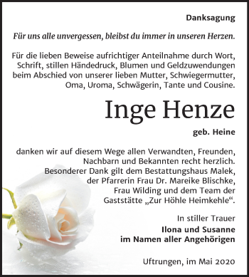 Traueranzeige von Inge Henze von Super Sonntag Sangerhausen