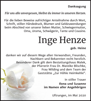 Traueranzeige von Inge Henze von Mitteldeutsche Zeitung Sangerhausen
