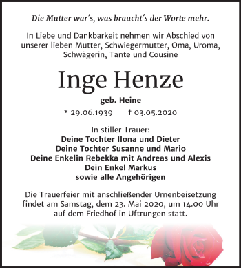 Traueranzeige von Inge Henze von Super Sonntag Sangerhausen