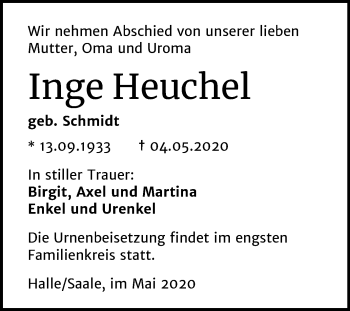 Traueranzeige von Inge Heuchel von Mitteldeutsche Zeitung Halle/Saalkreis