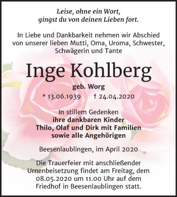 Traueranzeige von Inge Kohlberg von Super Sonntag Bernburg